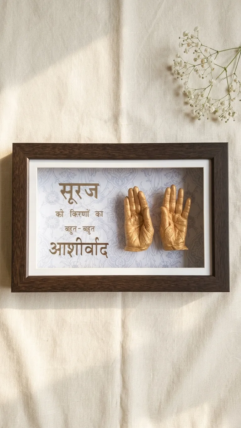 Dark walnut frame with a pair of gold-cast hands beside a Hindi blessing on a pale patterned backdrop