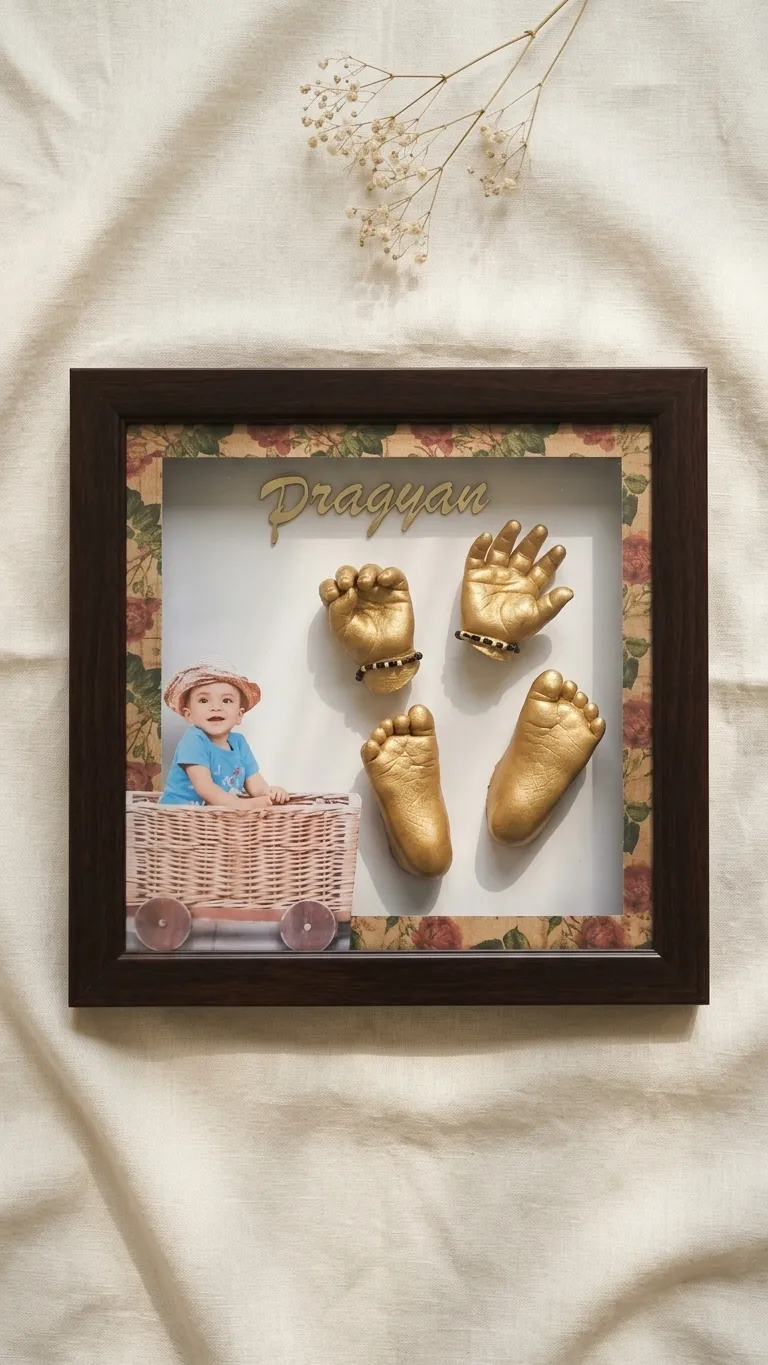 Square walnut frame with a rose-print border holding a toddler's photo, a name in gold lettering and gold-cast hands and feet