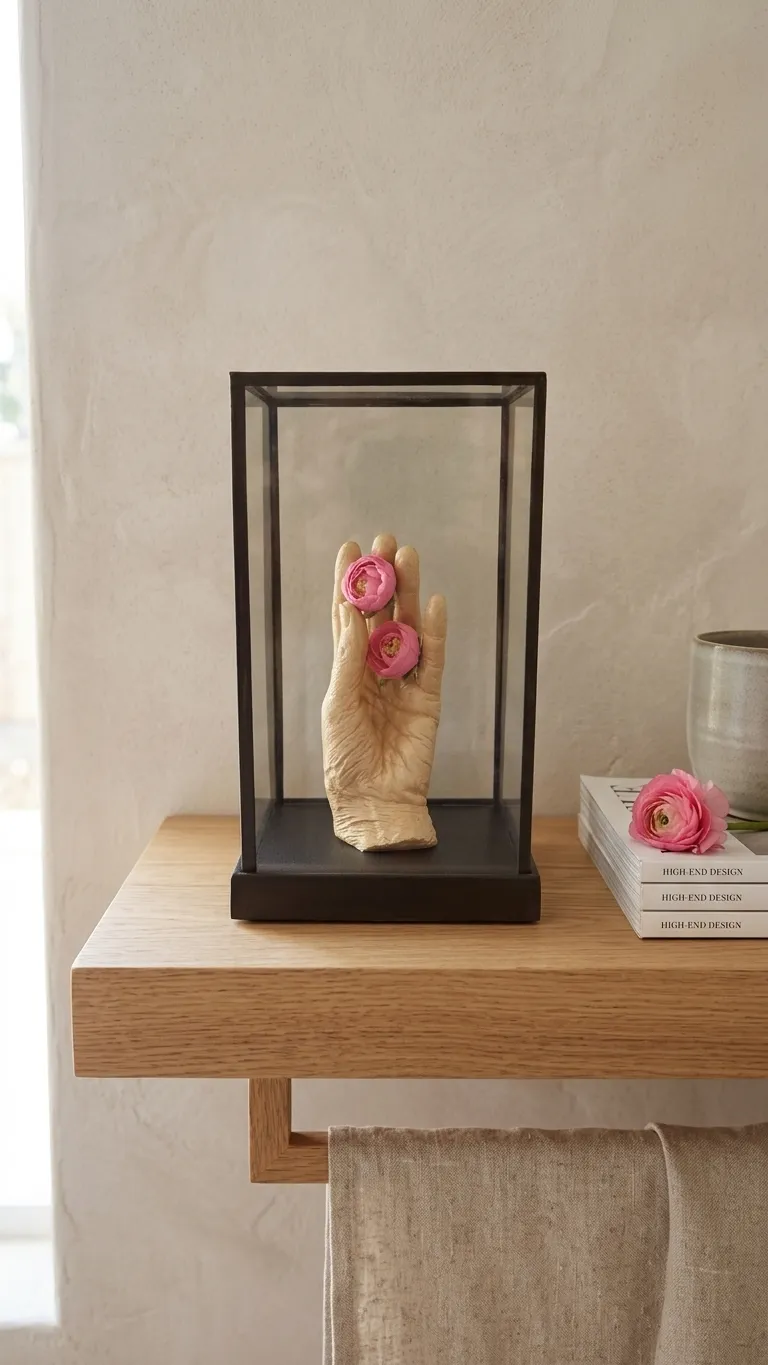 Ivory-cast single hand holding two pink flowers inside a black-framed glass display case on a wooden shelf