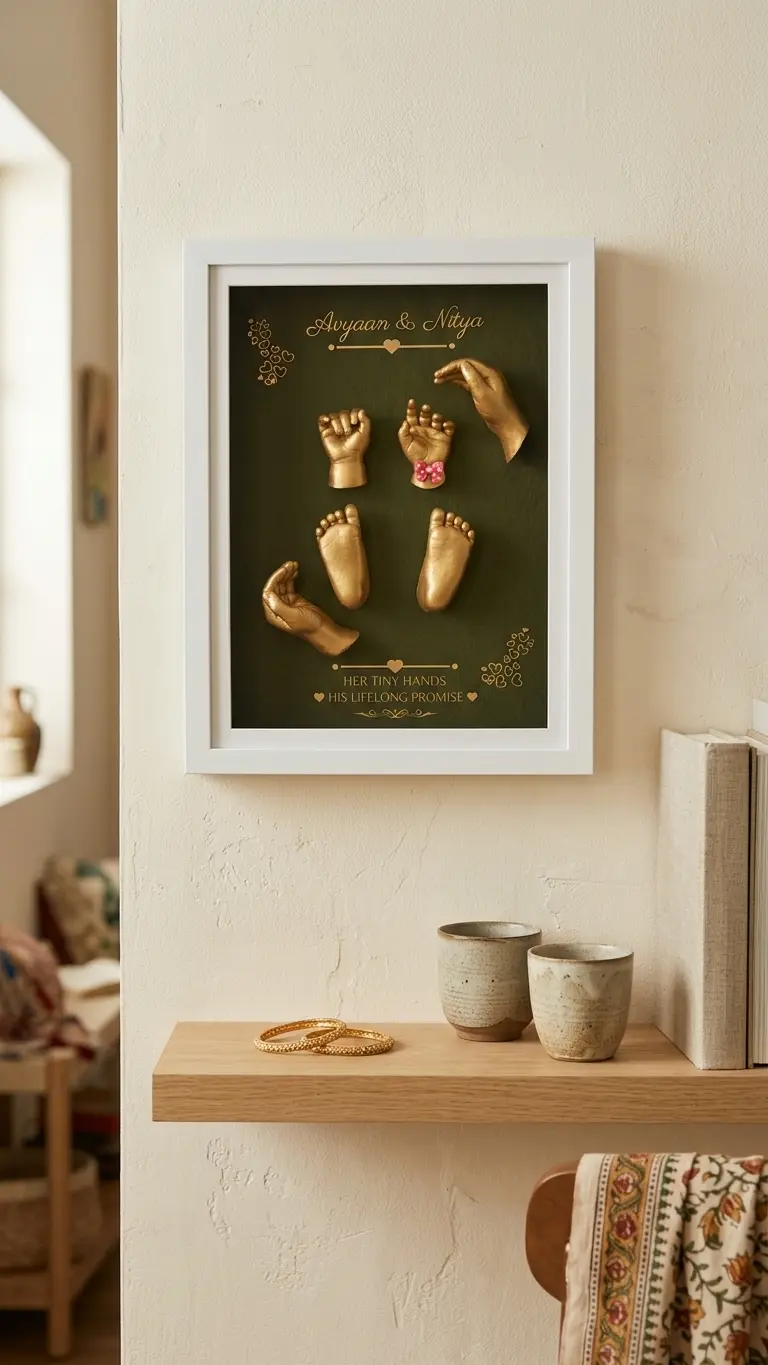 White frame with a deep green backdrop holding a baby's gold-cast hands and feet and an elder sibling's two open hands, with names and a line in gold