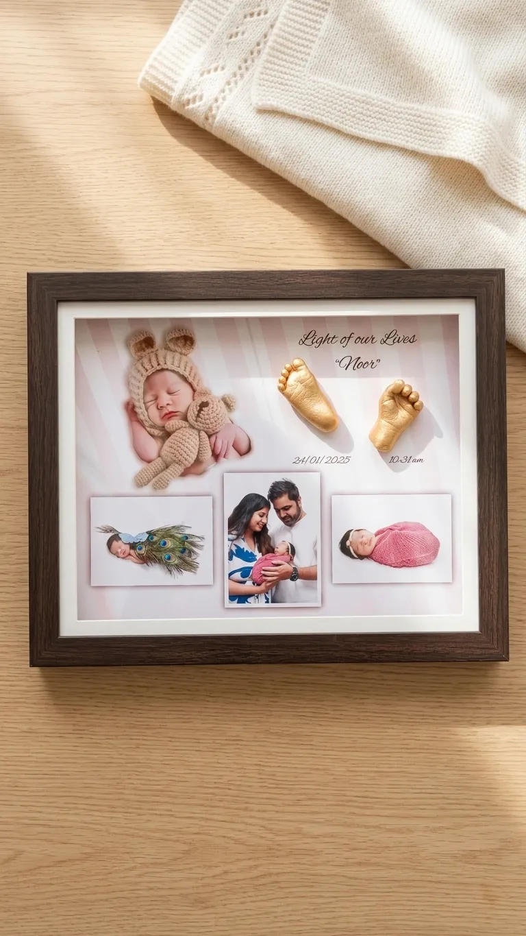 Espresso wood frame with two gold-cast baby feet, a newborn portrait, three smaller photographs and the words Light of our Lives