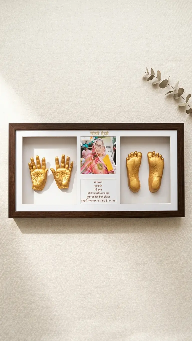 Walnut wall frame with a matriarch's gold-cast hands and feet either side of her framed portrait and a Hindi verse