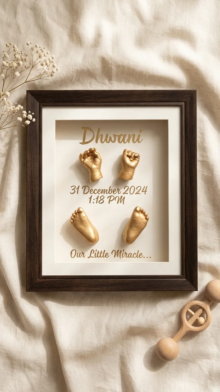 Walnut frame holding a baby's gold-cast hands and feet with the name, birth date, time and the line Our Little Miracle