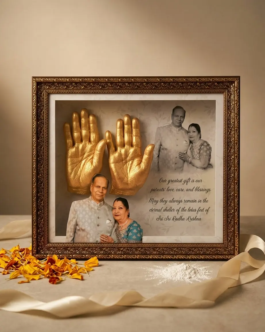 Ornate carved bronze frame with two large gold-cast open palms beside a couple's portraits and a blessing message