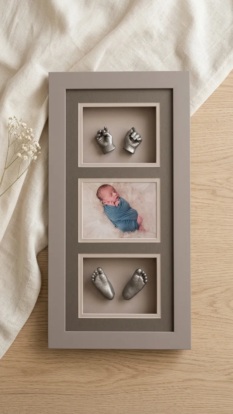Tall taupe three-window frame with a newborn's silver-cast hands above, a swaddled baby portrait between and silver-cast feet below