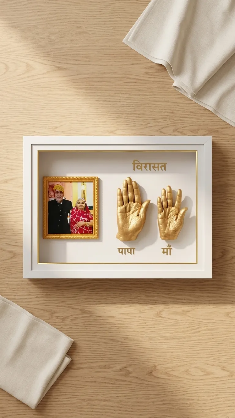 White wall frame with two gold-cast hands labelled Papa and Maa, a gold-framed couple portrait and the Hindi word Virasat